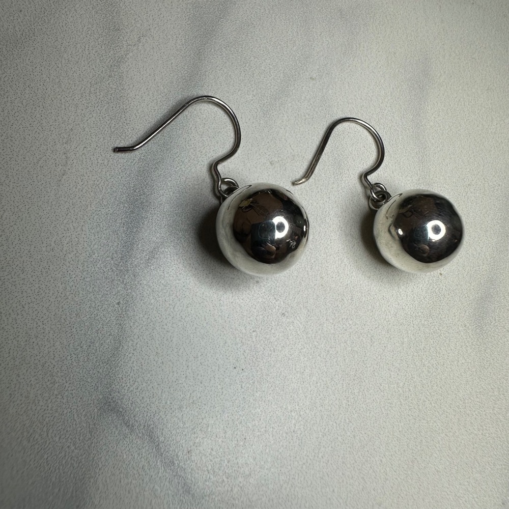 Sterling Silver Ball Drop Earrings‎ Shiny Sphere Dangle Hooks Navajo Pearl